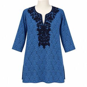 Roberta Roller Rabbit Tunic Womens Medium Blue Embroidered Cotton Boho Top